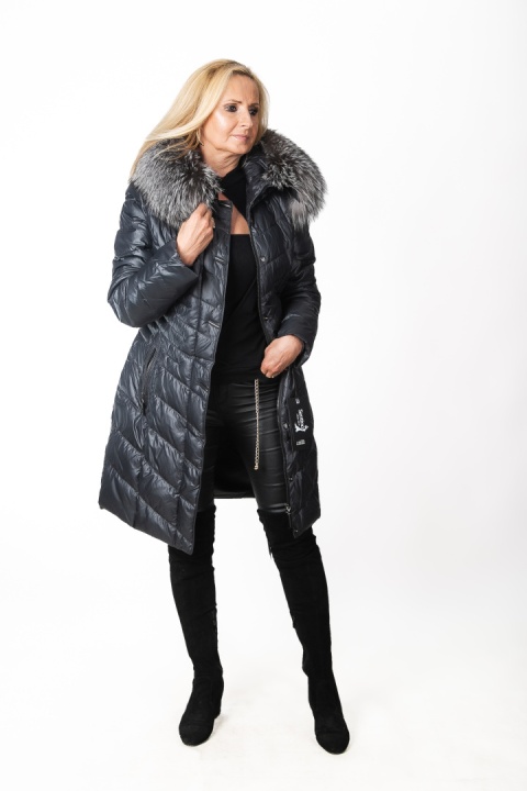 EKSKLUZYWNY EFEKTOWNY PŁASZCZ PUCHOWY JAKOŚĆ PREMIUM NATURALNY SREBRNY LIS