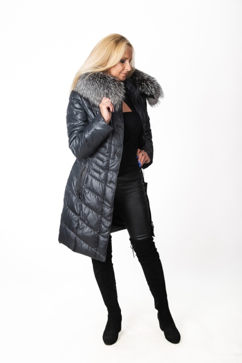 EKSKLUZYWNY EFEKTOWNY PŁASZCZ PUCHOWY JAKOŚĆ PREMIUM NATURALNY SREBRNY LIS