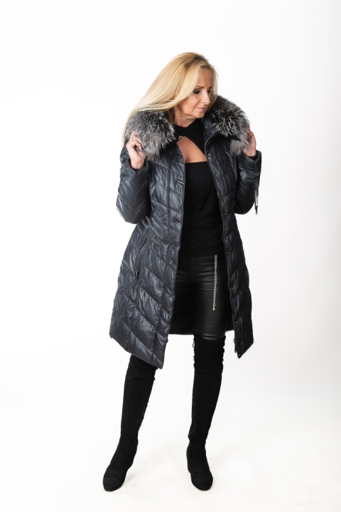 EKSKLUZYWNY EFEKTOWNY PŁASZCZ PUCHOWY JAKOŚĆ PREMIUM NATURALNY SREBRNY LIS