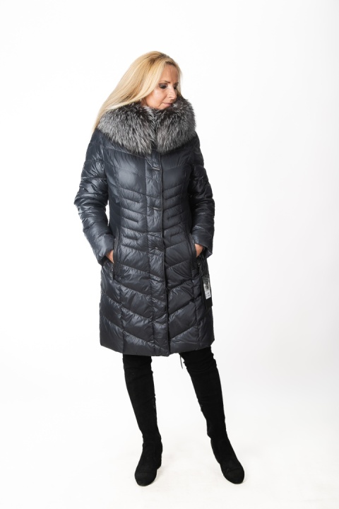 EKSKLUZYWNY EFEKTOWNY PŁASZCZ PUCHOWY JAKOŚĆ PREMIUM NATURALNY SREBRNY LIS