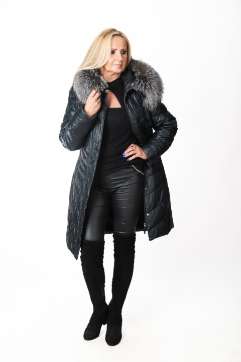 EKSKLUZYWNY EFEKTOWNY PŁASZCZ PUCHOWY JAKOŚĆ PREMIUM NATURALNY SREBRNY LIS