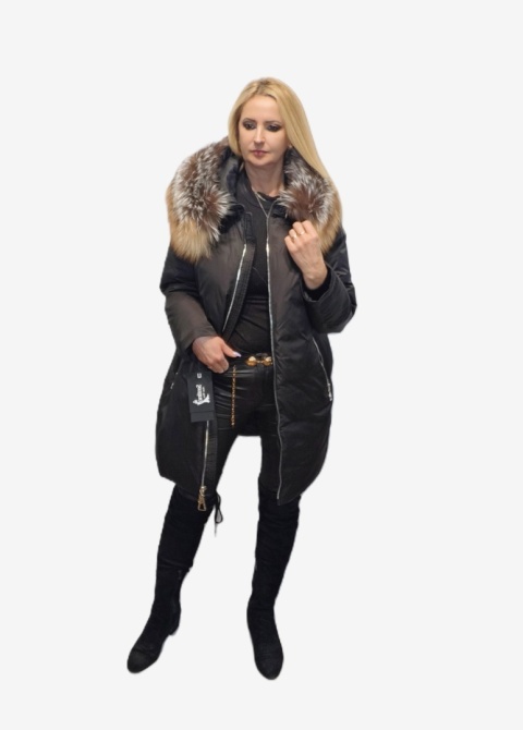 ELEGANCKI PŁASZCZ KURTKA ZIMOWA PIĘKNY NATURALNY DWUKOLOROWY SREBRNY LIS PLUS SIZE (DUŻE ROZMIARY)