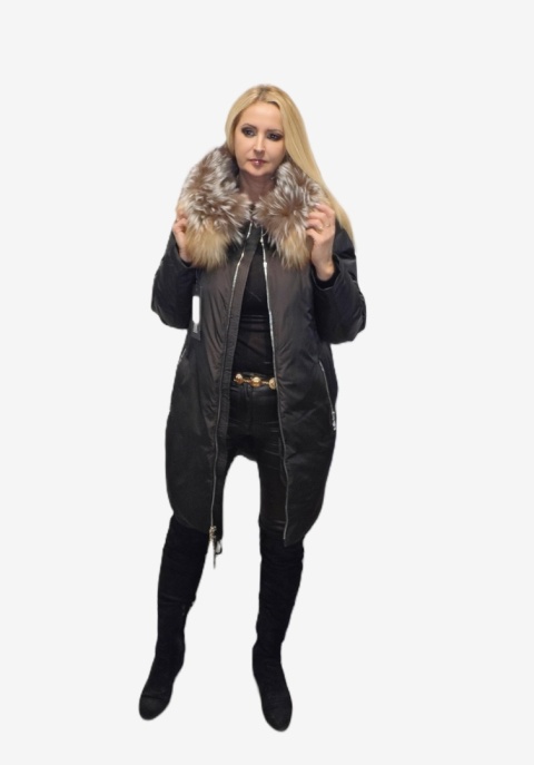 ELEGANCKI PŁASZCZ KURTKA ZIMOWA PIĘKNY NATURALNY DWUKOLOROWY SREBRNY LIS PLUS SIZE (DUŻE ROZMIARY)